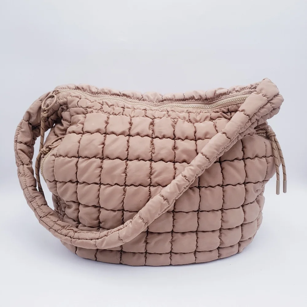 Urban Expressions Leda Quilted Square Nylon Puffer Hobo Bag‎ Purse Natural
